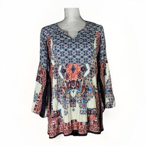 Anthropologie Fig And Flower Large Patchwork Colorful Pleat Boho Tunic Top Loose